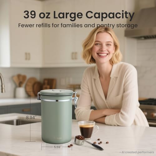 Veken Coffee Canister,39OZ, 2.2lbs,Large Airtight Stainless Steel Container - Image 2
