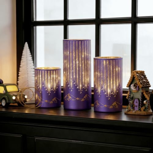 Purple Illuminated Starry Night Hurricanes with Remote Timer, Flickering LED Candle Holder for Halloween Mantel Decor, Party, Lavender Weddings, Memorials and Purple Events, Set of 3 - Image 2
