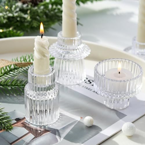 Clear Candlestick Holders 12PCS Ribbed Glass Taper Candle Holders for Tealight Stick Candles Table Centerpieces Thanksgiving Christmas Indoor and Outdoor Decorations - Image 5