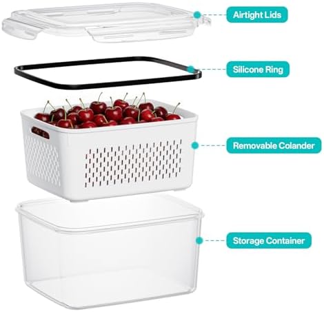 HOMETALL 8 Pack Fruit Storage Containers for Fridge with Strainer, BPA Free Fruit Cleaning Bowl Fridge Organizer, Plastic Fresh Keeper Set Refrigerator Organizer for Salad Berry Produce - Image 5