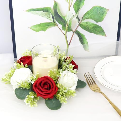 Crimson Rose Candle Rings with Flameless Candles Sets - 12PCS Artificial Flower Eucalyptus Wedding Centerpiece 3 Inch Pillar Candleholders Wreaths for Wedding Party Decor (Crimson - 6 Sets) - Image 4