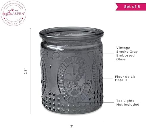 Kate Aspen Smoke Gray Vintage Glass Tealight Votive Candle Holders with Fleur-de-lis Design, Set of 8 - Perfect for Farmhouse Room & Shelf Decor - Image 6