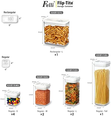 Felli Flip Tite Storage Container with 4 Inch Lid SQUARE & RECTANGLE, Air Tight Ring Seal Top Clear Acrylic Canister Jar, Spice Pasta Cereal Snack Pantry Organizer, Gift Set for Women (10pk, Variety) - Image 4