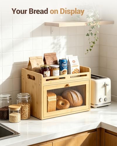 Bread Box for Kitchen Countertop, Bamboo Storage Container with Top Shelf - Image 6