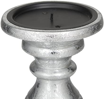 Deco 79 Traditional Mango Wood Pillar Candle Holder, Set of 3 10", 8", 6"H, Silver - Image 4