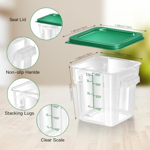 4 pcs 4qt Food Storage Containers with Lid, Square Clear Commercial Food Storage Containers with Handle and Scale for Food Storage in Home Kitchen & Dining (Green) - Image 3