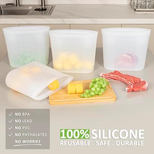 Reusable Storage Bags Extra Large, 0.8 Gallon/101 fl.oz/3000 ml, 4 Pack 100% Silicone Food Storage Bags Stand Up Zip Lock for Large Food Items, Freezer Microwave Oven Dishwasher Safe, Translucent - Image 2