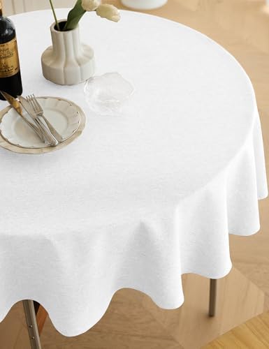 Decorelia White Faux Linen Round Tablecloths 70 inch, Waterproof Decorative Washable Texture Rustic Circle Table Cloth Cover for Dining Kitchen Party Farmhouse Outdoor (Round (4-6 Seats),White) - Image 2