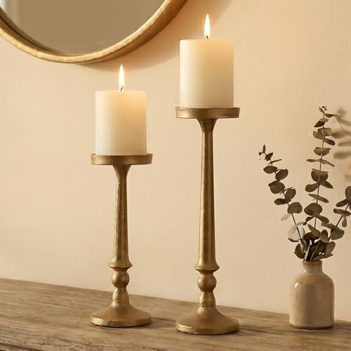 BANOMII Vintage Iron Pillar Candle Holders Set of 2, Antique Brass Gold by BanomiiHome