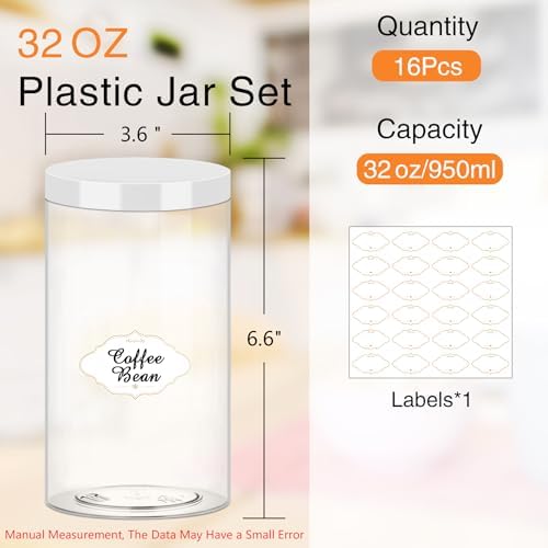 PeacePeo 32 OZ Plastic Jars with Lids, 16 Pack Large Storage Containe - Image 2