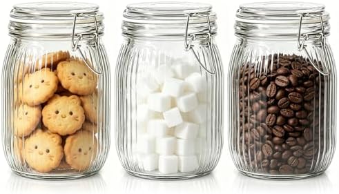 ComSaf Ribbed Glass Pantry Jars with Airtight Lids 34 oz 3 Pack Coffee by ComSaf