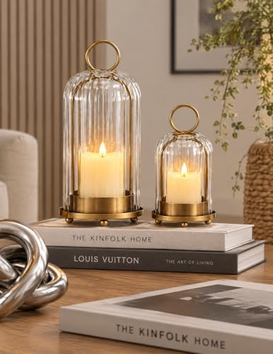Ribbed Glass Candle Holder Set, Hurricane Candle Holders with LED Candles - Image 4