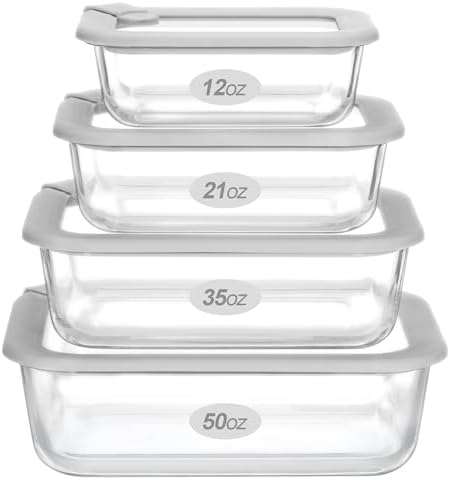 Glass Food Containers with Glass Lid, Microwave Safe Food Storage Container Set, 4 Pack, Airtight Storage Set with Leak Proof Lids, Meal Prep Containers by Eco-Evo