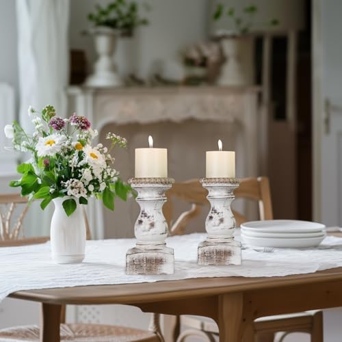 Candle Holder for Pillar Candle Set of 2, Farmhouse Wood Candle Holder, Rustic Wooden Candle Stand, Vintage Wooden Candlestick Holders Decorative for Living Room, Table Centerpiece, Washe White - Image 6