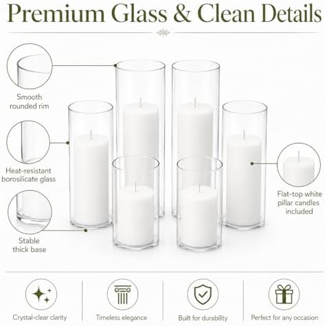 Set of 6 White Pillar Candles with Clear Glass Hurricane Holders- Elegant Cylinder Candle Vases for Weddings, Parties, Centerpieces, Home & Office Decor (White, 6 Set) - Image 3