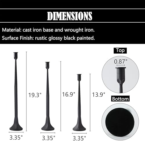 Denique Iron Taper Candle Holder Set of 3, Black Candlestick Holders 19.3”17” 14” Heightening Decorative Candle Stand Set for Wedding, Dining Table, Home Decoration (Black) - Image 2