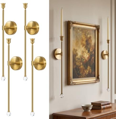 20" Long Wall Mounted Candle Sconce, Metal Wall Hanging Taper Candle Holder with Crystal Ball Accent, Retro Chic Wall Decor for Bedroom Dining Room Living Room Fireplace Bathroom (4, Copper Gold) by kehail