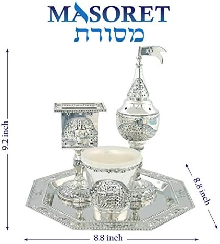 Nickel Havdalah Set with Jerusalem Theme – Set 4 Parts, Kiddush Cup, Havdalah Candle Holder, Besamim Spices Holder and Plate - Image 2