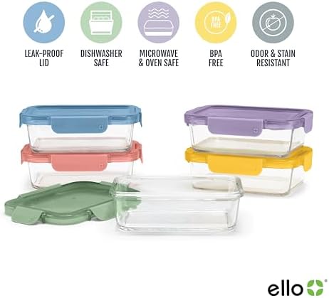 Ello Color Lock 3.4 Cup Glass Meal Prep Containers & Lids, 5 Pack, Desert - Image 3