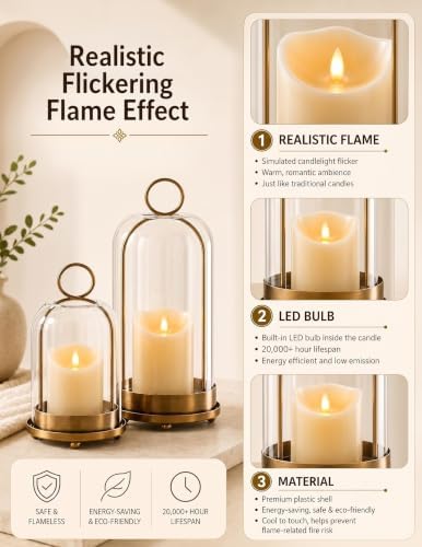 Brass Candle Holder Set of 2, Hurricane Glass Candle Holders with Flameless Candles, Glass Dome Candle Holder for Wedding, Holiday, Fireplace and Table Decor - Image 4