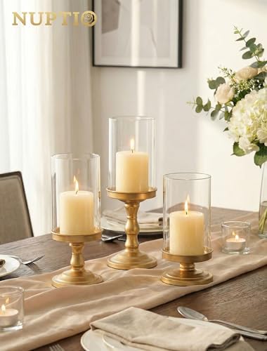 NUPTIO Hurricane Glass Candle Holders: Matte Gold, Set of 3 - Image 2