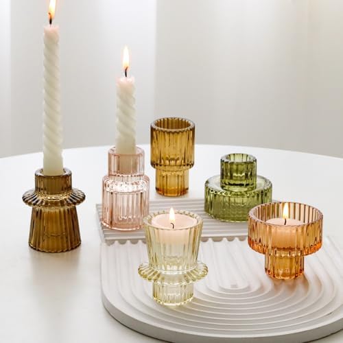 Brown Candlestick Holders 6PCS for Tealight Candle Stick Candles, Ribbed Glass Taper Candle Holders Set, Table Centerpieces for Thanksgiving Christmas Farmhouse Decor Indoor and Outdoor - Image 2