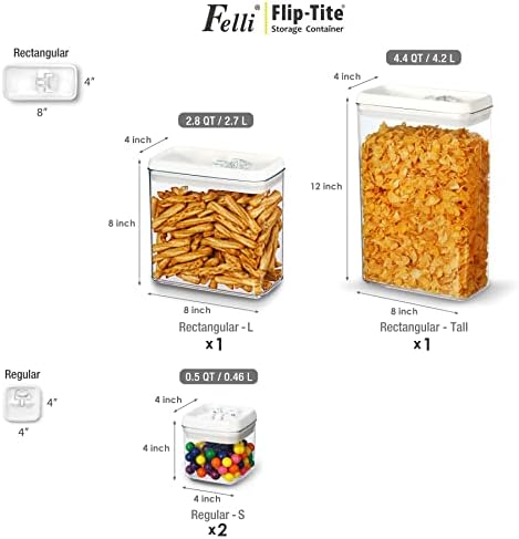 Felli Flip Tite Storage Container with Lid 4" RECTANGULAR Air Tight Ring Flip Top, Stackable Acrylic Canister for Kitchen Counter Pantry, Cereal Granola Pasta Spice, Christmas Gift (4pk, Variety) - Image 4