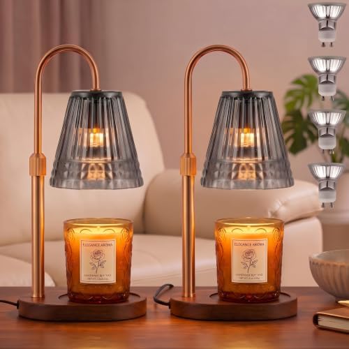 Candle Warmer Lamp with Timer & Dimmer, Adjustable Height Glass Candle Lamps for Jar Candles, Smoky Grey Shade Brass Electric Wax Melter with 4 Bulbs (2 Pack) by Unknown