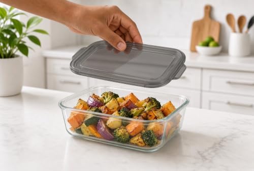Glass Food Storage Containers with Lids — 6 Piece — 3 Containers + 3 Lids, 21.98 oz Each Glass, BPA-Free Leakproof Stackable Lids, Microwave, Oven & Dishwasher Safe — Ideal for Meal Prep, - Smoke Lid - Image 6