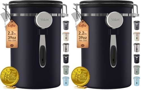 Veken Coffee Canister,39OZ, 2.2lbs,Large Airtight Stainless Steel Container Kitchen Food Storage Jars for Beans,Ground, Espresso, Rice,Tea, Sugar, Cereal, Gifts, Date Tracker, Scoop, Black (Pack of 2) by Veken