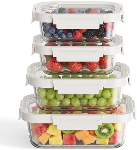 GENICOOK 4 Set Glass Produce Storage Containers for Fridge with Glass Lids by GENICOOK