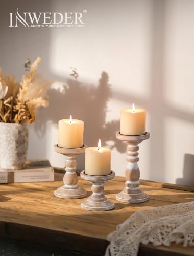 Wood Pillar Candle Holder: Rustic Distressed White Candle Stand - Image 2