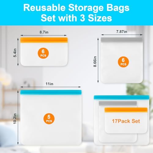 17 Pack Reusable Freezer Bags Dishwasher Safe, Leakproof Food Storage Bags, Silicone Bags for Food Storage Home Organization (6 Reusable Snack Bags 6 Sandwich Bags 5 Gallon Freezer Bags) - Image 2