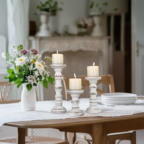 Candle Holder for Pillar Candle Set of 3, Farmhouse Wood Candle Holder, Rustic Wooden Candle Stand, Vintage Tall Candle Stand Decorative for Living Room, Table Centerpiece (Antique White) - Image 7