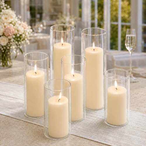 Set of 6 Pillar Candles with Clear Glass Hurricane Holders- Elegant Cylinder Candle Vases for Weddings, Parties, Centerpieces, Home & Office Decor (Lvory White, 6 Set) by NATCENSE