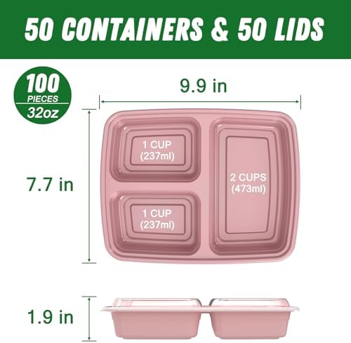 Dealusy 50 Pack 32 oz Meal Prep Containers with Lids 3-Compartment, Pink - Image 2