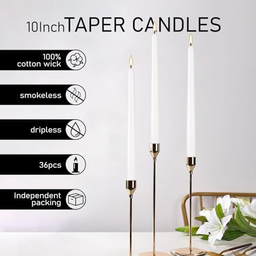 YOROXRG 36 Pack White Taper Candles, 7-8 Hours Burn Time, Unscented, Smokeless and Dripless, 0.8 x 10 Inch Dinner Candle Set for Household, Wedding, Party and Home Décor Candlesticks - Image 6
