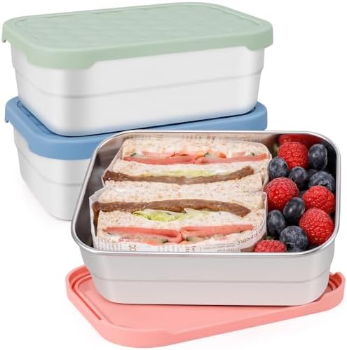 Caperci 25oz Stainless Steel Food Containers, 3-Pack Bento Lunch Box with Silicone Lids, Leak-Proof Reusable Meal Prep Container for Sandwiches & Snacks, BPA-Free (720ML) by Caperci