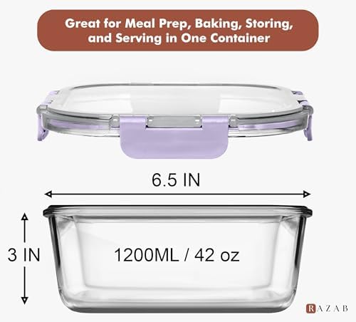 Razab 2 PC 1200ML / 41 Oz Glass Food Storage Containers with Lids - Airtight & Leakproof - Microwave/Oven/Freezer Safe - BPA Free - Ideal for Meal Prep, Storing Leftover & Lunch - Image 2