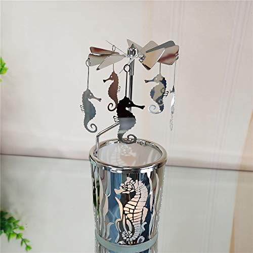 kingnero Gift Carousel Candle Tea Light Holder Rotary Candleholder Metal Windmill Candlestick Spinning Candle Holder for Home Decor (Hippocampus Silver) - Image 3