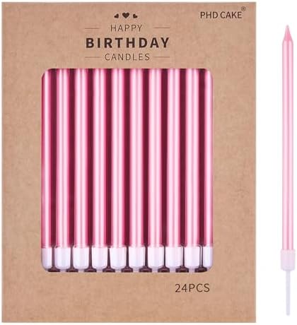 PHD CAKE Pink Long Thin Metallic Birthday Candles, Cake Candles, Birthday Parties, Wedding Decorations, Party Candles by PHDCAKE
