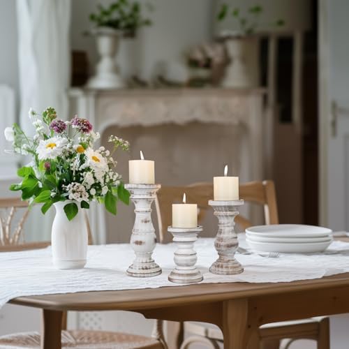 Candle Holder for Pillar Candle Set of 3, Farmhouse Wood Candle Holder, Rustic Wooden Candle Stand, Decorative Wood Candlestick Holders for Living Room, Table Centerpiece (Antique White) - Image 7
