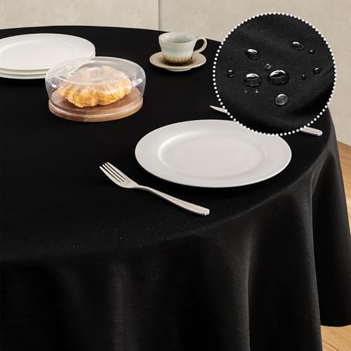 Veblandy Faux Linen Round Tablecloth 60 inch, Table Cloth Wrinkle Free Decorative Fabric Waterproof Table Cover for Dining/Party/Buffet/Wedding, Black by Veblandy
