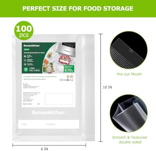 Bonsenkitchen Precut Vacuum Food Sealer Bags 100 Pint 6" x 10", BPA Free - Image 2