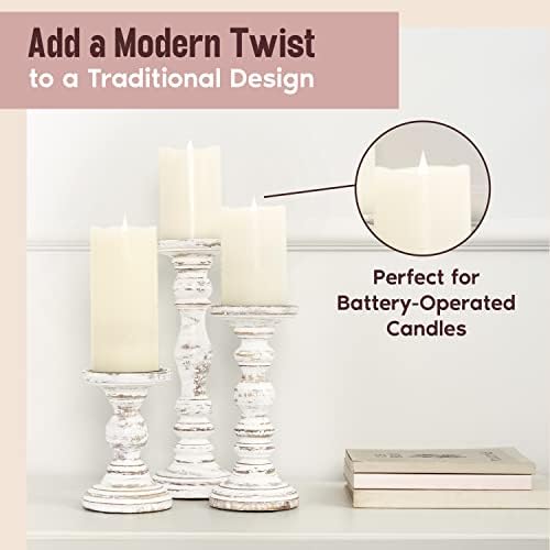 Wooden Pillar Candle Holder, Farmhouse Fireplace Mantel Decor, Rustic White - Image 6