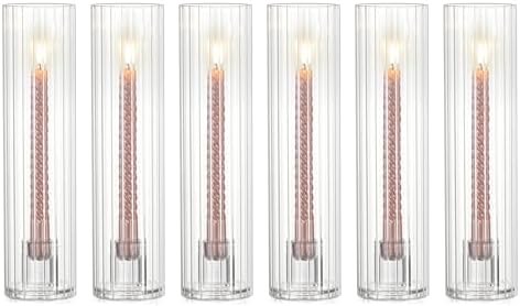 NUPTIO Taper Candle Holders for Centerpiece: Ribbed Hurricane Glass Candlestick Holder - Set of 6 Windproof Fluted Candle Stick Stand for Fall Thanksgiving Christmas Decor by Nuptio