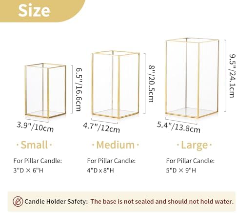 Nuptio Glass Hurricane Candle Holder Set of 6 Gold Pillar Candle Holders Large Rectangular Candleholder Table Centerpieces Decoration for Wedding Party Thanksgiving Ornaments 9.5 & 8.1 & 6.5 inch - Image 3