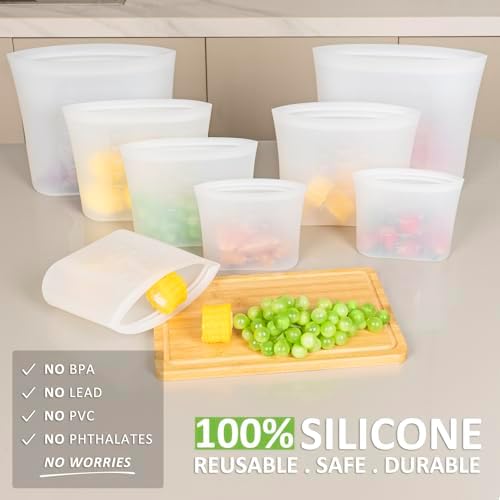 Reusable Storage Bag, 8 Pack 100% Silicone Food Storage Bags Stand Up Zip Lock Bags for Food, Freezer Microwave Oven Dishwasher Safe, 2 X-Large(0.8 Gallon) 2 Medium 2 Small 2 X-Small, Translucent - Image 2