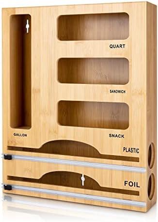 Storage Bag Organizer with Foil and Plastic Wrap Organizer , Aluminum Foil Dispenser with Cutter, Bamboo 6 in 1 Baggie Organizer Suitable for Gallon, Quart, Sandwich, Snack by Jitner