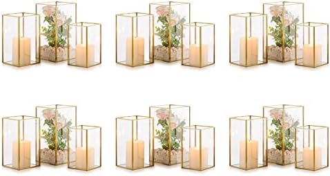 Nuptio Glass Hurricane Candle Holder Set of 18 Gold Pillar Candle Holders Large Rectangular Candleholder Table Centerpieces Decoration for Wedding Party Holiday Home Ornaments 9.5 & 8.1 & 6.5 inch by Nuptio